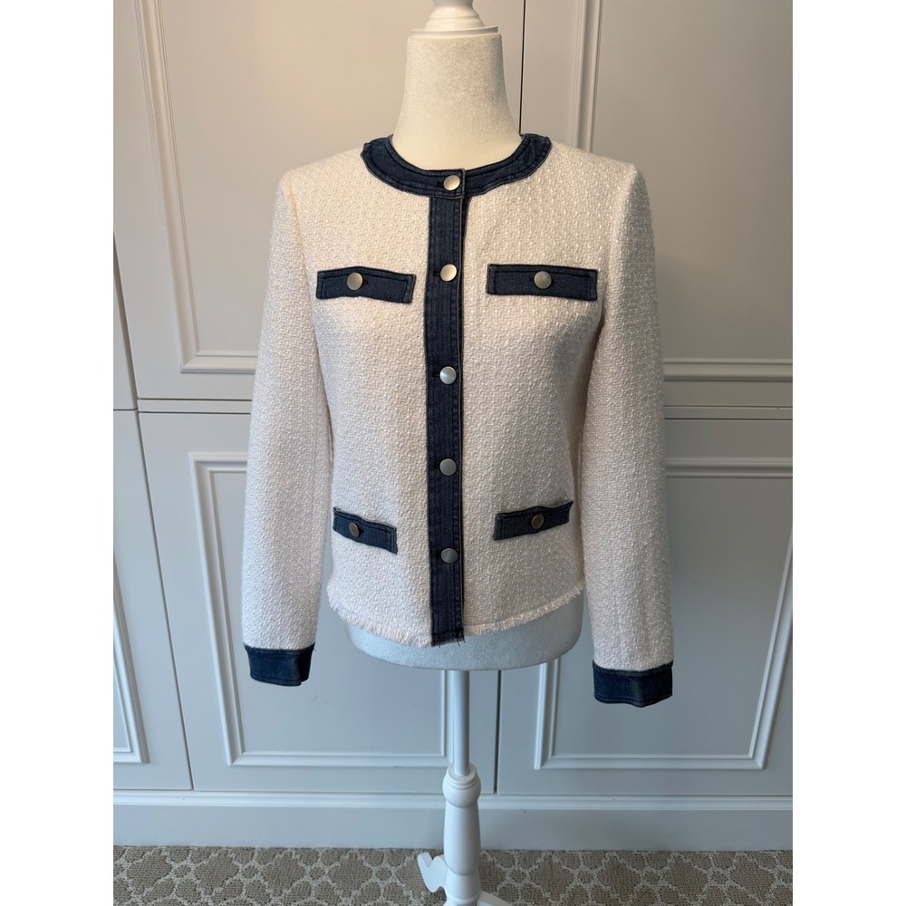 Ecru Tweed Jacket Women Size S Ivory Navy Denim Trim Very Good Frayed Hem Boucle